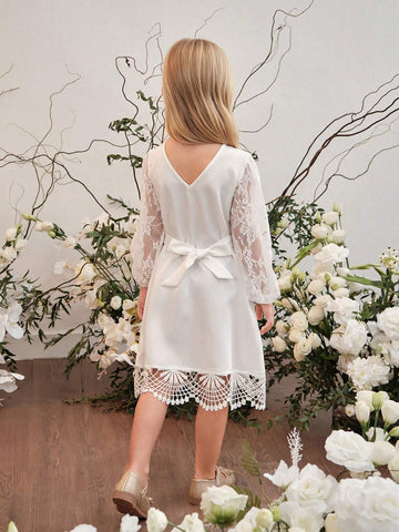 Young Girl Round Neck Solid Color Contrast Lace Puff Sleeve Bodycon Casual Dress