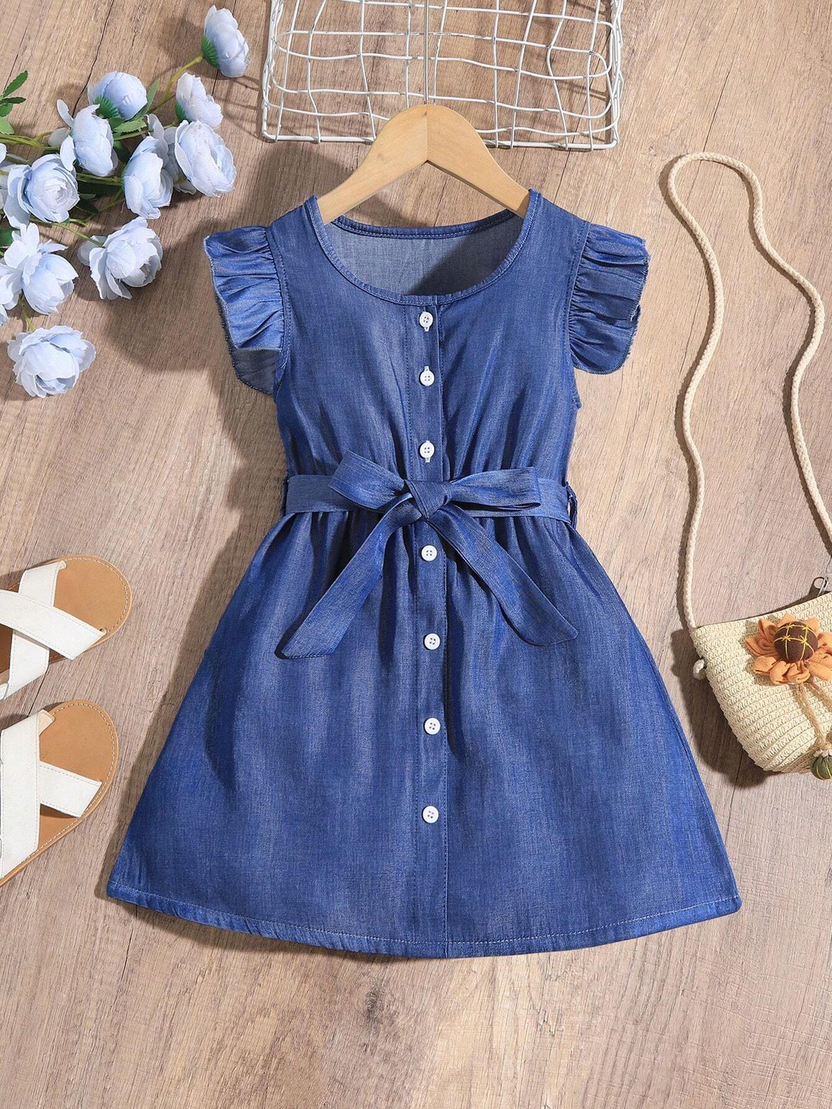 Young Girl Ruffle Armhole Belted Dress