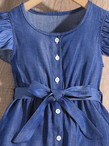 Young Girl Ruffle Armhole Belted Dress