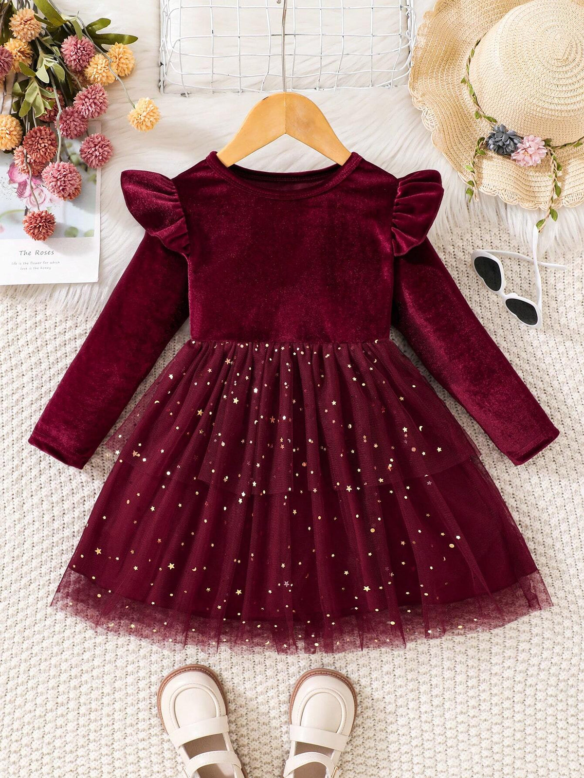 Young Girl Ruffle Cap Sleeve Sheer Hem Star Mesh Dress, Autumn/Winter