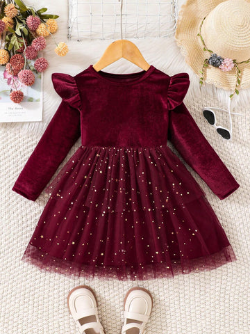 Young Girl Ruffle Cap Sleeve Sheer Hem Star Mesh Dress, Autumn/Winter
