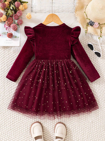 Young Girl Ruffle Cap Sleeve Sheer Hem Star Mesh Dress, Autumn/Winter