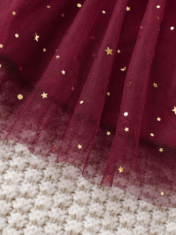 Young Girl Ruffle Cap Sleeve Sheer Hem Star Mesh Dress, Autumn/Winter