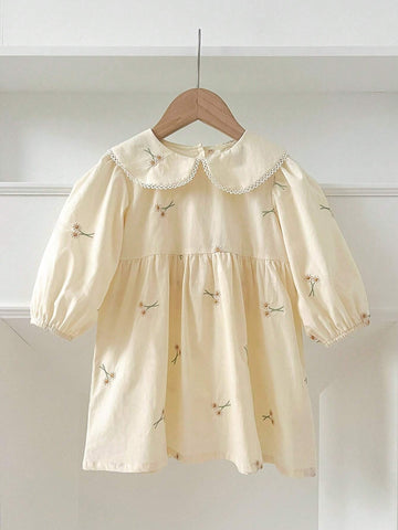 Young Girl Ruffle Collar Embroidery Long Sleeve Dress, Spring & Autumn