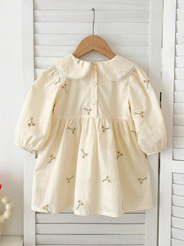 Young Girl Ruffle Collar Embroidery Long Sleeve Dress, Spring & Autumn