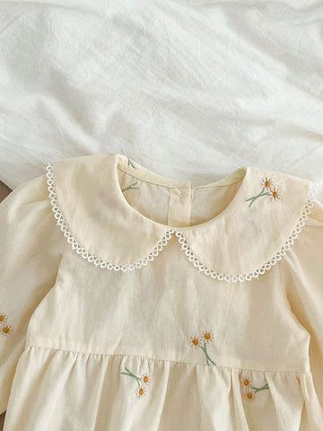 Young Girl Ruffle Collar Embroidery Long Sleeve Dress, Spring & Autumn