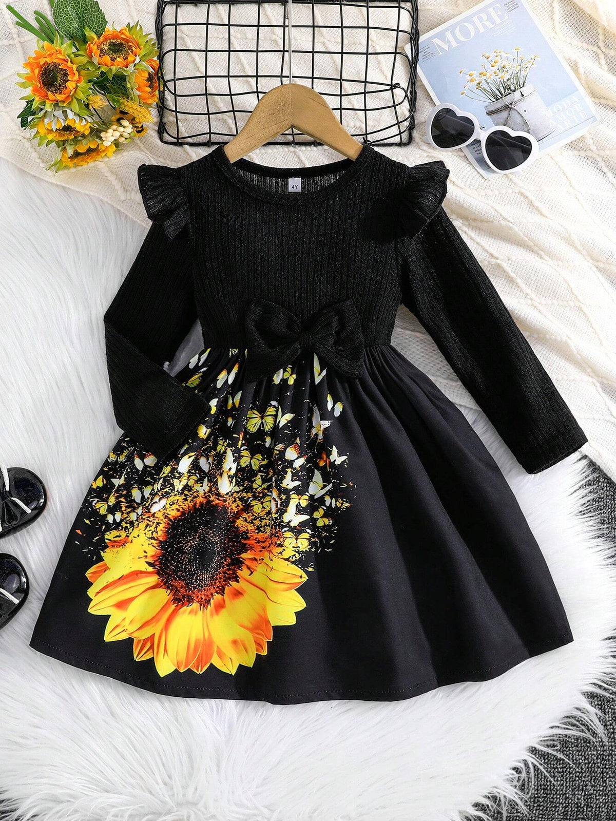 Young Girl Ruffle Collar, Long Sleeve, Round Neck, Bow Decor, Cute Butterfly & Flower Print Black Casual Dress, Suitable For Outdoor In Autumn
