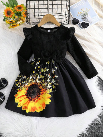 Young Girl Ruffle Collar, Long Sleeve, Round Neck, Bow Decor, Cute Butterfly & Flower Print Black Casual Dress, Suitable For Outdoor In Autumn