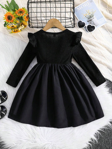 Young Girl Ruffle Collar, Long Sleeve, Round Neck, Bow Decor, Cute Butterfly & Flower Print Black Casual Dress, Suitable For Outdoor In Autumn