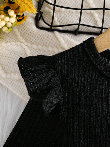 Young Girl Ruffle Collar, Long Sleeve, Round Neck, Bow Decor, Cute Butterfly & Flower Print Black Casual Dress, Suitable For Outdoor In Autumn