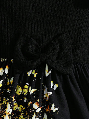 Young Girl Ruffle Collar, Long Sleeve, Round Neck, Bow Decor, Cute Butterfly & Flower Print Black Casual Dress, Suitable For Outdoor In Autumn