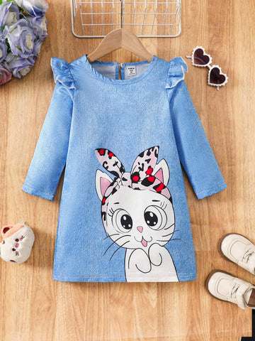 Young Girl Ruffle Hem Cute Cat Pattern A-Line Dress
