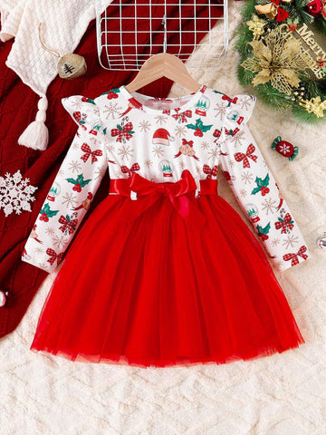 Young Girl Ruffle Hem Snowman & Snowflake Print Mesh Patchwork A-Line Dress With Belt