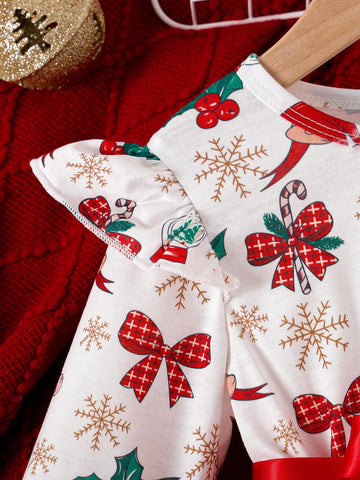 Young Girl Ruffle Hem Snowman & Snowflake Print Mesh Patchwork A-Line Dress With Belt