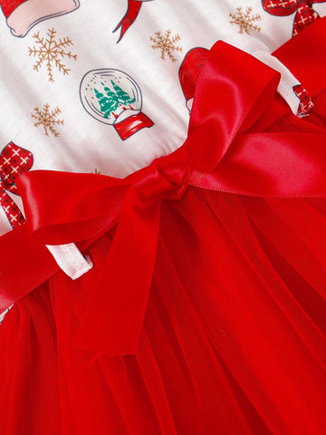 Young Girl Ruffle Hem Snowman & Snowflake Print Mesh Patchwork A-Line Dress With Belt