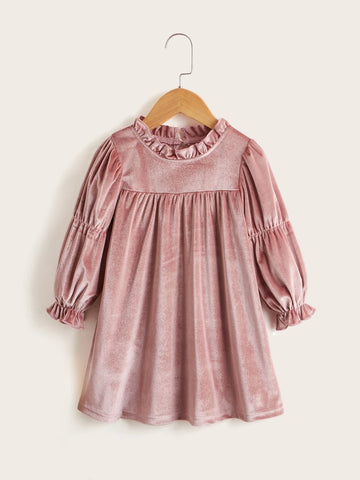 Young Girl Ruffle Neck Flounce Sleeve Keyhole Back Velvet Dress