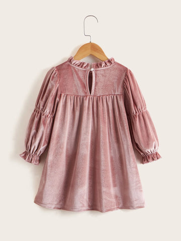 Young Girl Ruffle Neck Flounce Sleeve Keyhole Back Velvet Dress