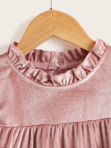 Young Girl Ruffle Neck Flounce Sleeve Keyhole Back Velvet Dress