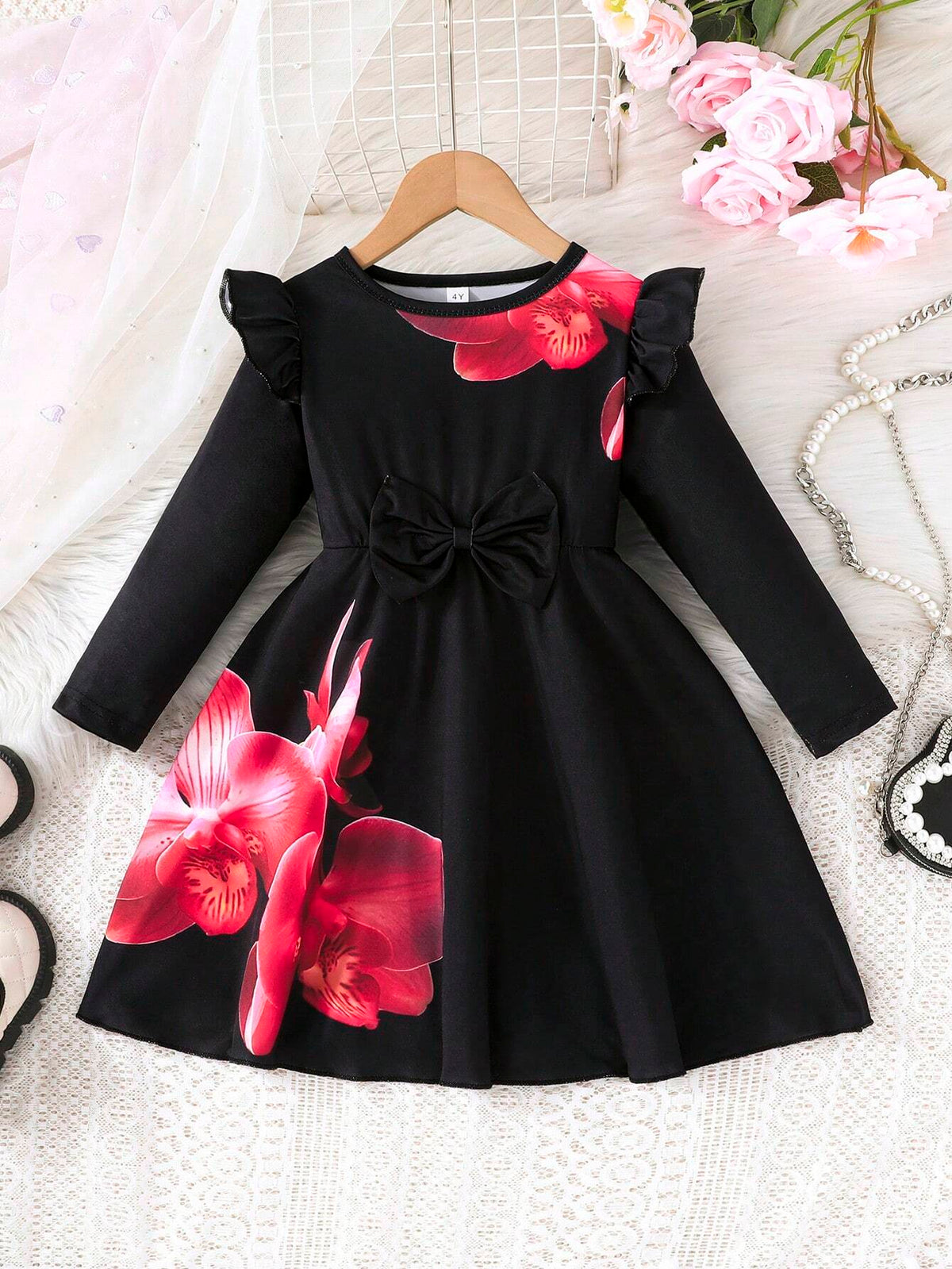 Young Girl Ruffle Trim Floral Print Long Sleeve Round Neck Bow Decor Casual Outdoor Dress, Autumn