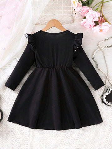 Young Girl Ruffle Trim Floral Print Long Sleeve Round Neck Bow Decor Casual Outdoor Dress, Autumn