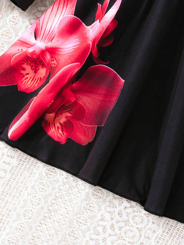 Young Girl Ruffle Trim Floral Print Long Sleeve Round Neck Bow Decor Casual Outdoor Dress, Autumn