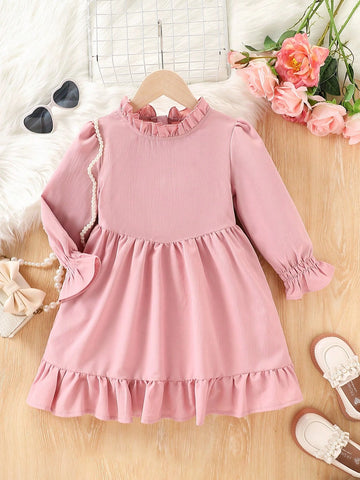 Young Girl Ruffle Trim Round Neck Bubble Sleeve Invisible Zipper Dress
