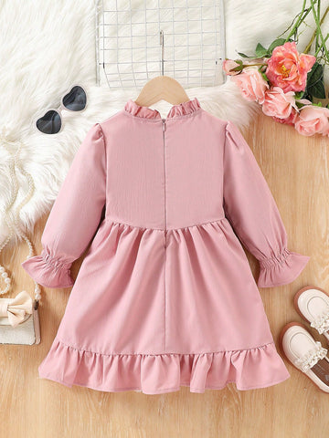 Young Girl Ruffle Trim Round Neck Bubble Sleeve Invisible Zipper Dress