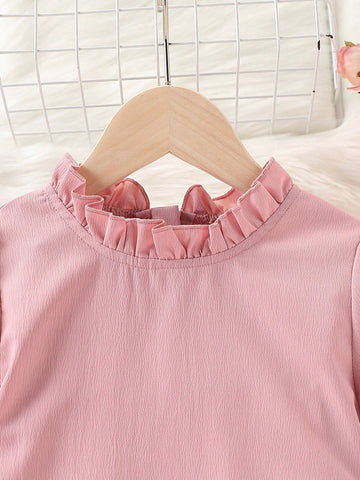 Young Girl Ruffle Trim Round Neck Bubble Sleeve Invisible Zipper Dress