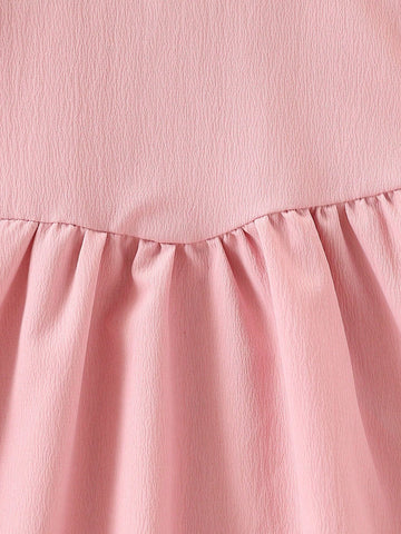 Young Girl Ruffle Trim Round Neck Bubble Sleeve Invisible Zipper Dress