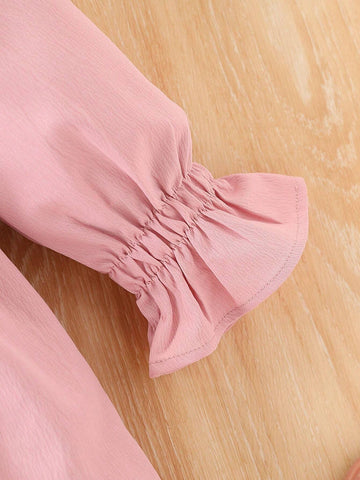 Young Girl Ruffle Trim Round Neck Bubble Sleeve Invisible Zipper Dress