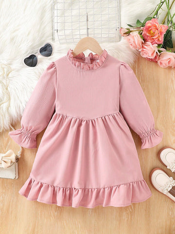Young Girl Ruffle Trim Round Neck Bubble Sleeve Invisible Zipper Dress