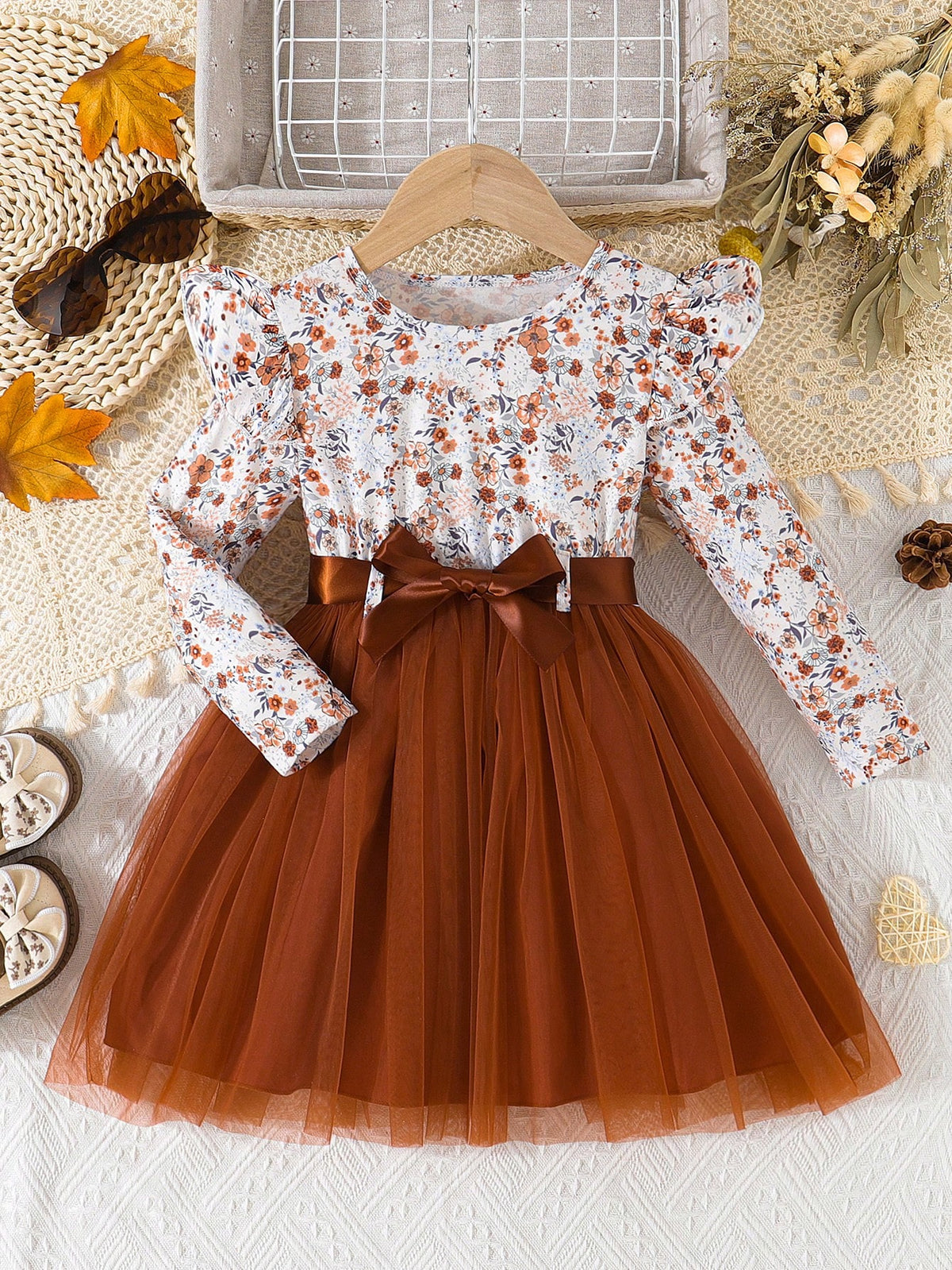 Young Girl Ruffled Floral Print Long Sleeve Mesh Patchwork Dress With Belt, Suitable For Valentine's Day