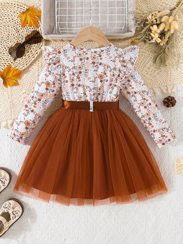Young Girl Ruffled Floral Print Long Sleeve Mesh Patchwork Dress With Belt, Suitable For Valentine's Day