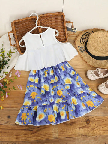 Young Girl Ruffled Ruffle Floral Print Patchwork Butterfly Decor A-Line Dress