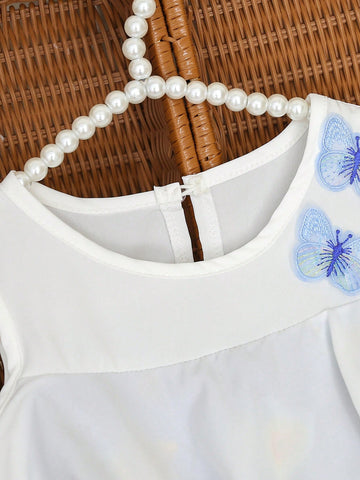 Young Girl Ruffled Ruffle Floral Print Patchwork Butterfly Decor A-Line Dress