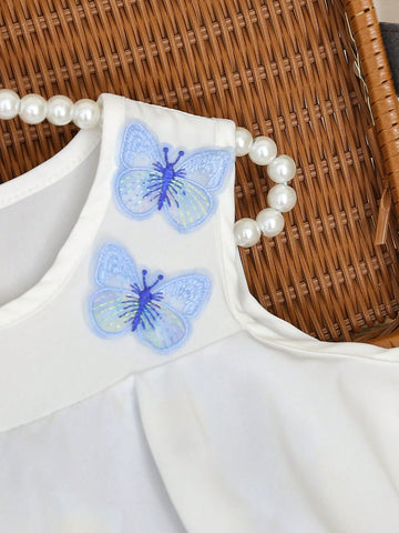 Young Girl Ruffled Ruffle Floral Print Patchwork Butterfly Decor A-Line Dress