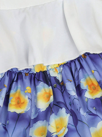 Young Girl Ruffled Ruffle Floral Print Patchwork Butterfly Decor A-Line Dress