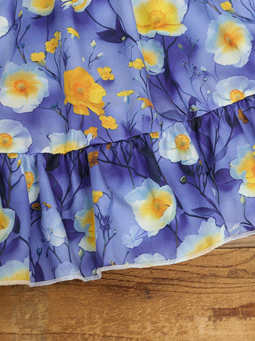Young Girl Ruffled Ruffle Floral Print Patchwork Butterfly Decor A-Line Dress