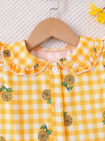 Young Girl Ruffled Sleeveless Top, Waist Cinched A-Line Skirt, Summer Plaid Printed Cardigan Dress