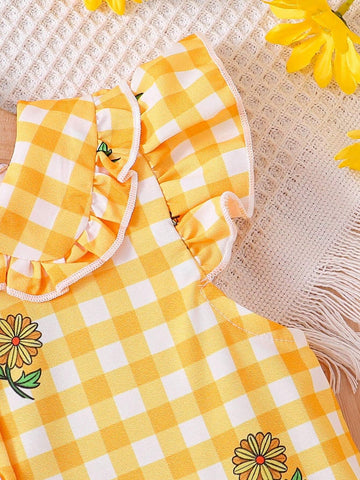 Young Girl Ruffled Sleeveless Top, Waist Cinched A-Line Skirt, Summer Plaid Printed Cardigan Dress