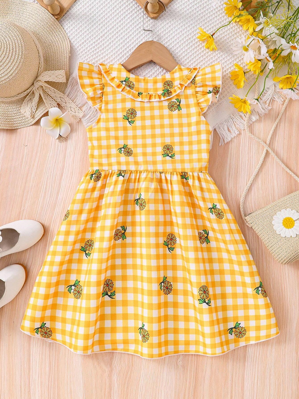 Young Girl Ruffled Sleeveless Top, Waist Cinched A-Line Skirt, Summer Plaid Printed Cardigan Dress