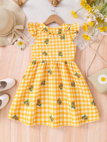 Young Girl Ruffled Sleeveless Top, Waist Cinched A-Line Skirt, Summer Plaid Printed Cardigan Dress