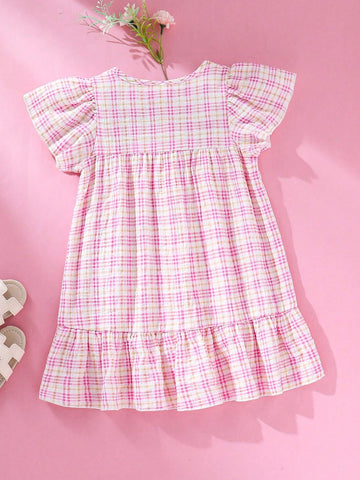 Young Girl Rural Style Plaid Print Embroidery Front Button Flounce Sleeve Dress