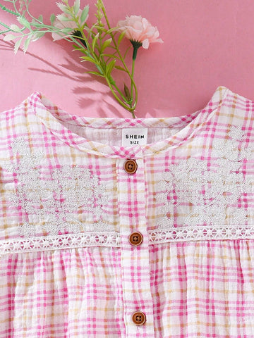 Young Girl Rural Style Plaid Print Embroidery Front Button Flounce Sleeve Dress