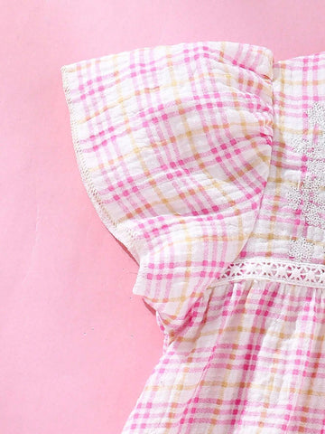 Young Girl Rural Style Plaid Print Embroidery Front Button Flounce Sleeve Dress