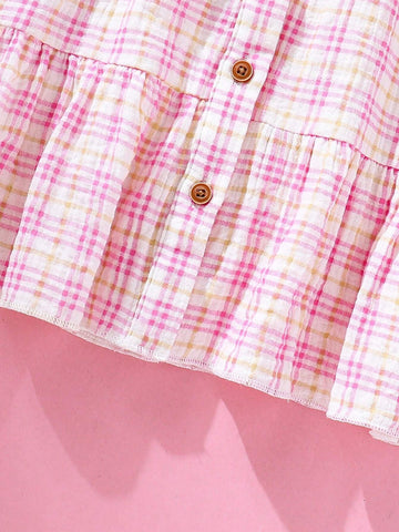 Young Girl Rural Style Plaid Print Embroidery Front Button Flounce Sleeve Dress