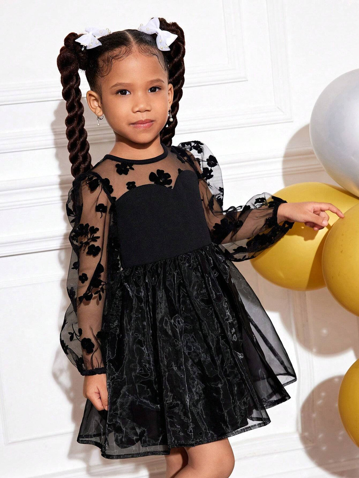 Young Girl "SLAYR Young Girl" Mesh Long Sleeve Holiday Party Princess Tulle Dress