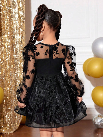 Young Girl "SLAYR Young Girl" Mesh Long Sleeve Holiday Party Princess Tulle Dress