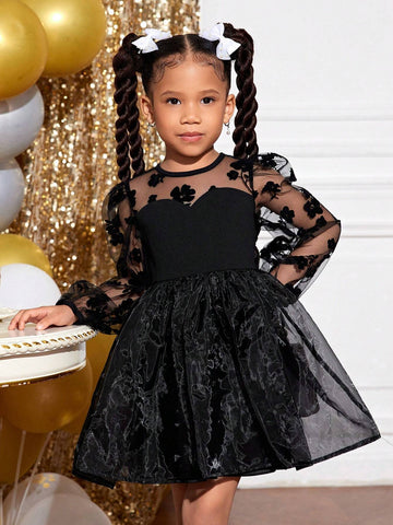 Young Girl "SLAYR Young Girl" Mesh Long Sleeve Holiday Party Princess Tulle Dress