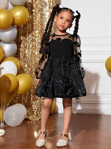 Young Girl "SLAYR Young Girl" Mesh Long Sleeve Holiday Party Princess Tulle Dress